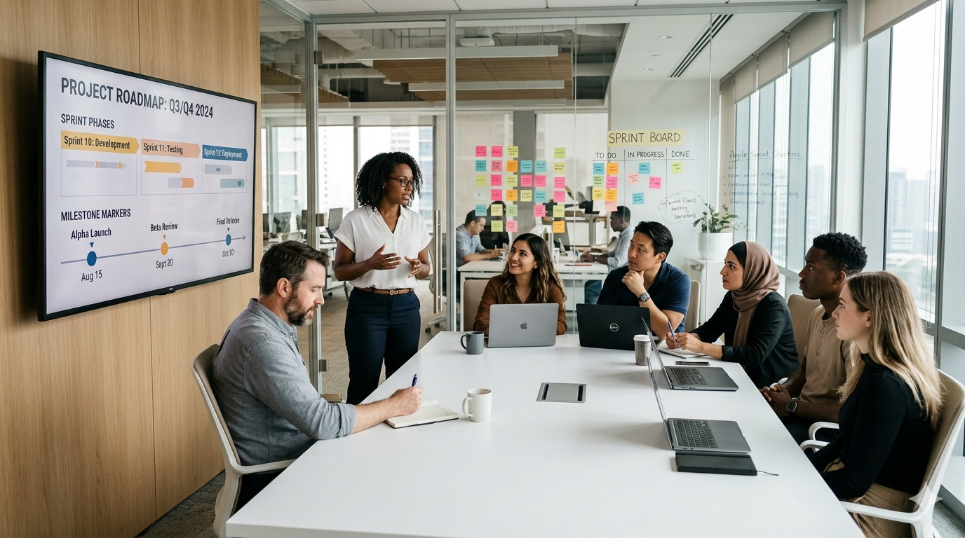 AI consulting team reviewing a project roadmap and delivery milestones on a whiteboard