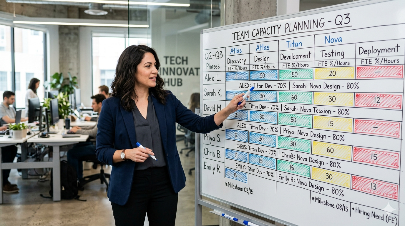 Engineering manager reviewing team capacity and skill allocation for an AI development project