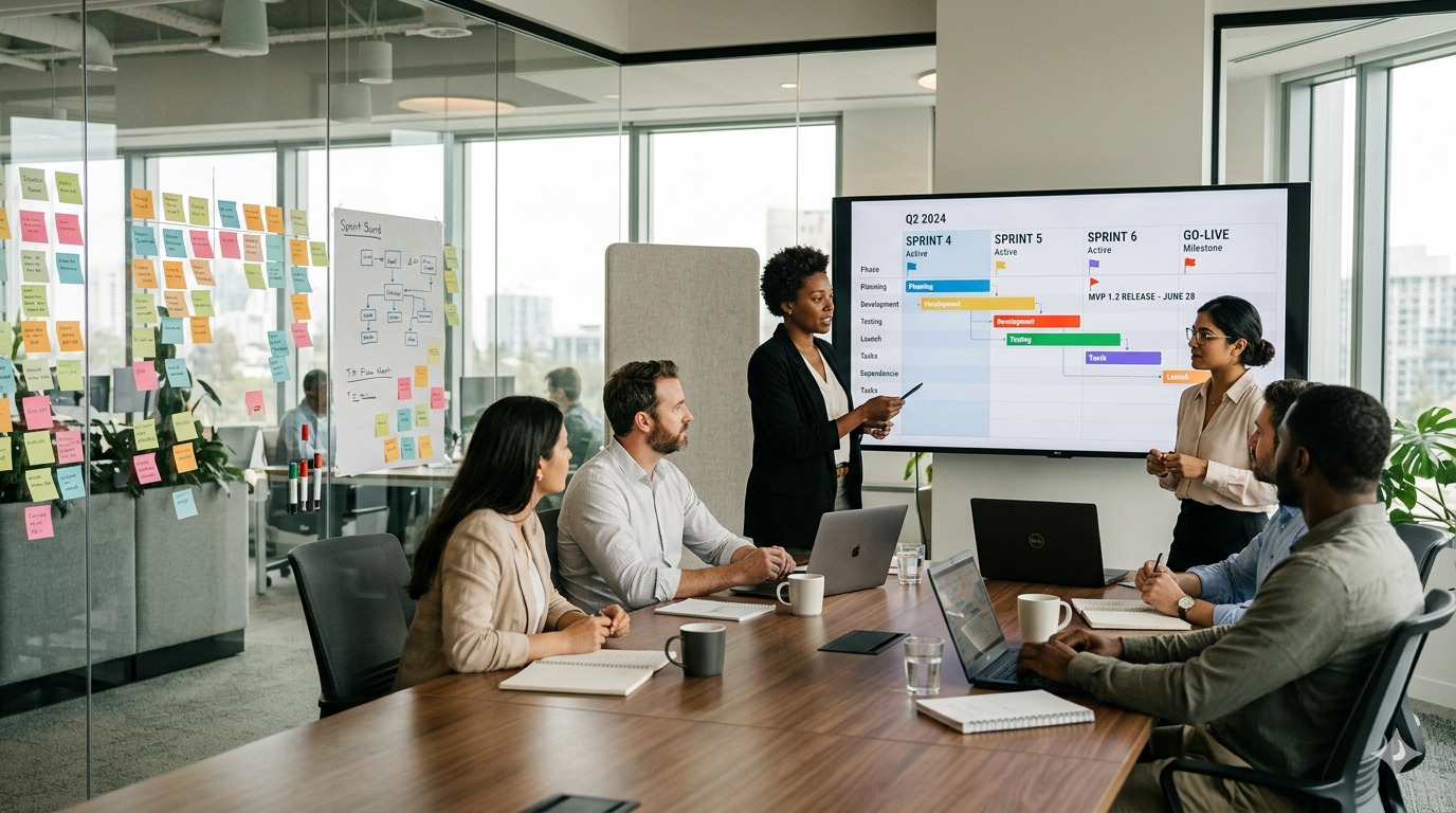 Developer reviewing a project timeline and milestone schedule on a monitor